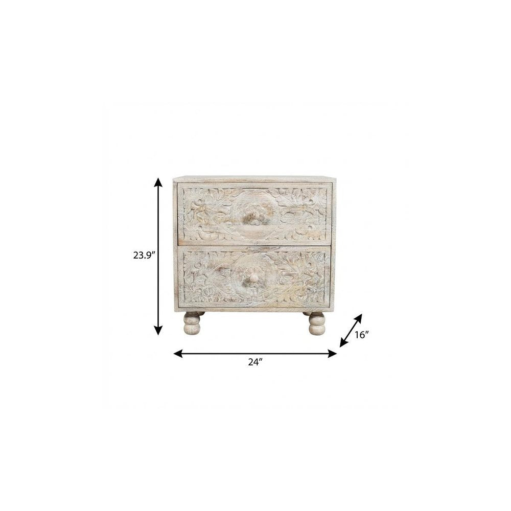 24" Natural And White Solid Wood Distressed Carved Scrollwork Two Drawer Nightstand