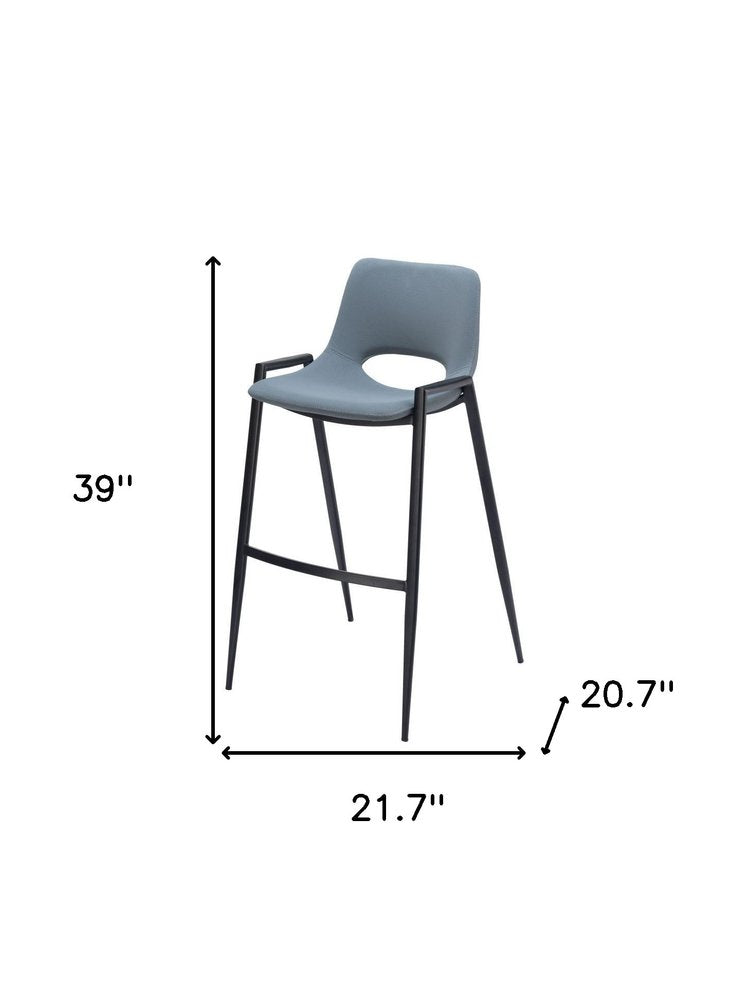 Set of Two 30" Blue And Black Faux Leather And Fabric And Steel Low Back Bar Height Bar Chairs