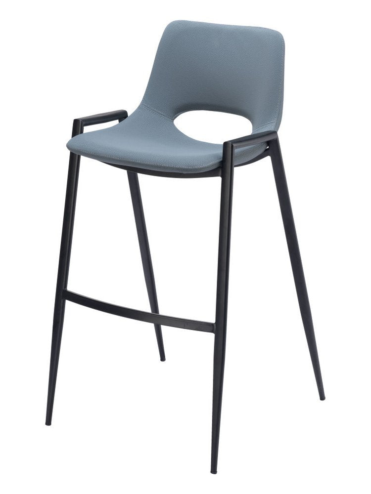 Set of Two 30" Blue And Black Faux Leather And Fabric And Steel Low Back Bar Height Bar Chairs