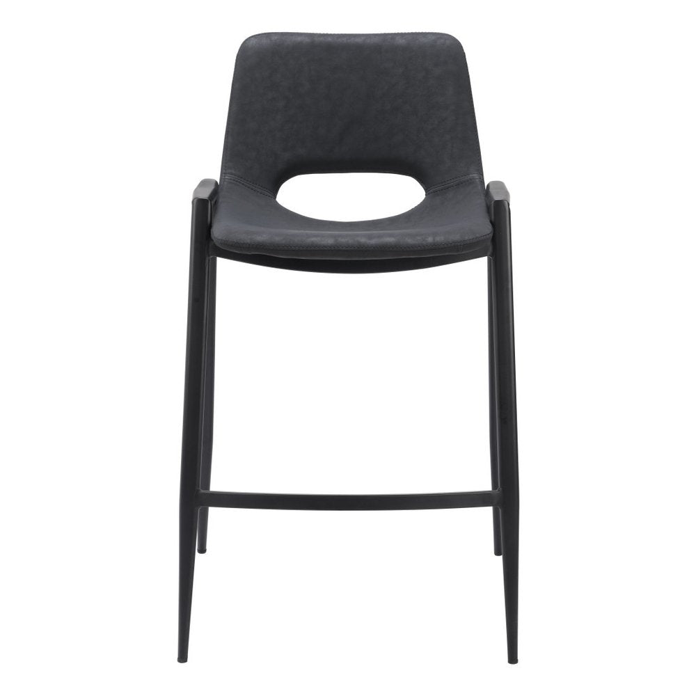 Set of Two 26" Black Faux Leather And Fabric And Steel Low Back Counter Height Bar Chairs