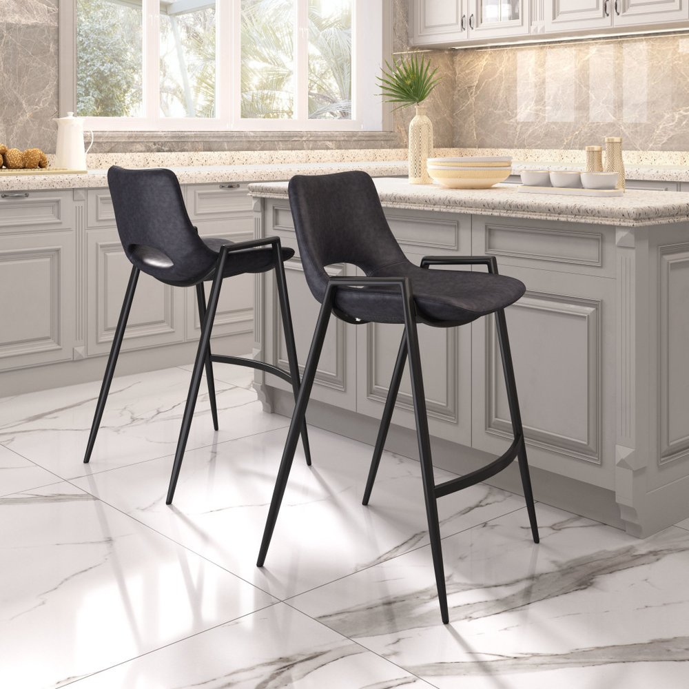Set of Two 26" Black Faux Leather And Steel Low Back Counter Height Bar Chairs