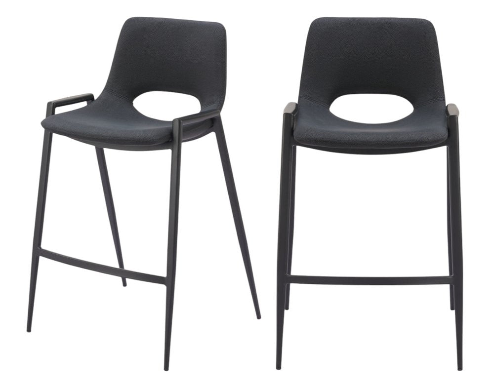 Set of Two 26" Black Faux Leather And Fabric And Steel Low Back Counter Height Bar Chairs