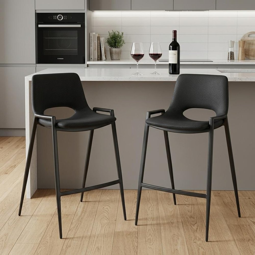 Set of Two 26" Black Faux Leather And Fabric And Steel Low Back Counter Height Bar Chairs