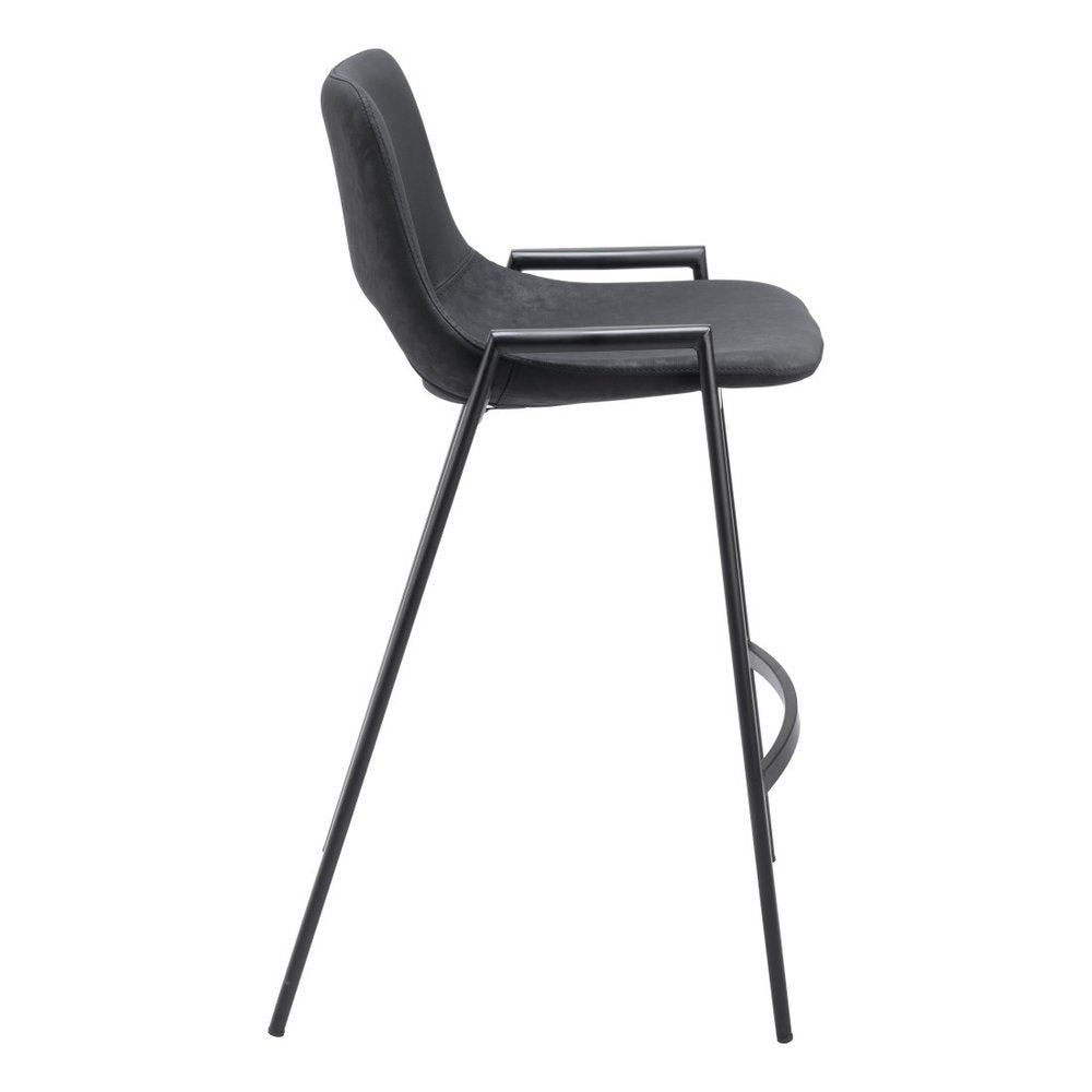 Set of Two 26" Black Faux Leather And Fabric And Steel Low Back Counter Height Bar Chairs