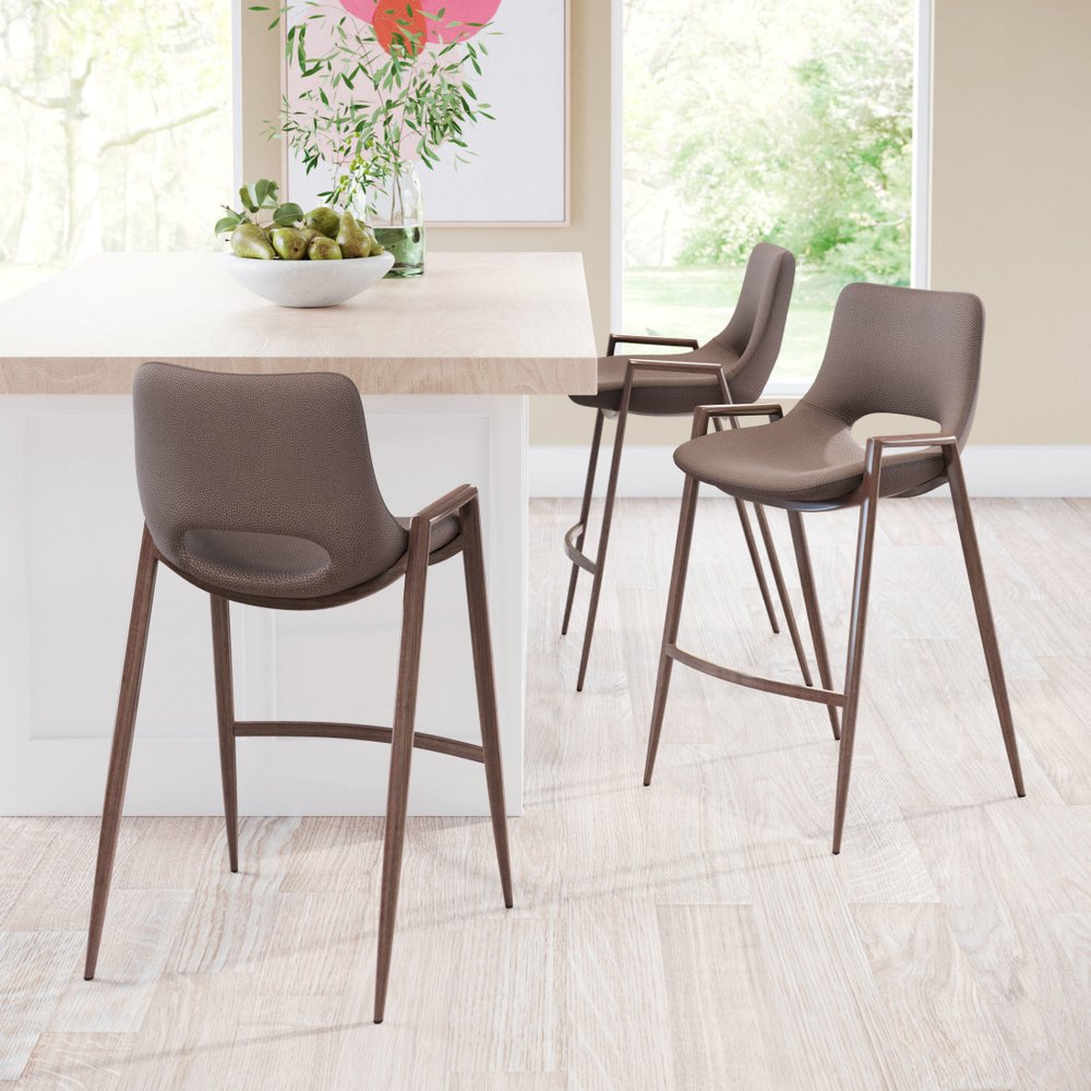 Set of Two 26" Brown Faux Leather And Steel Low Back Counter Height Bar Chairs