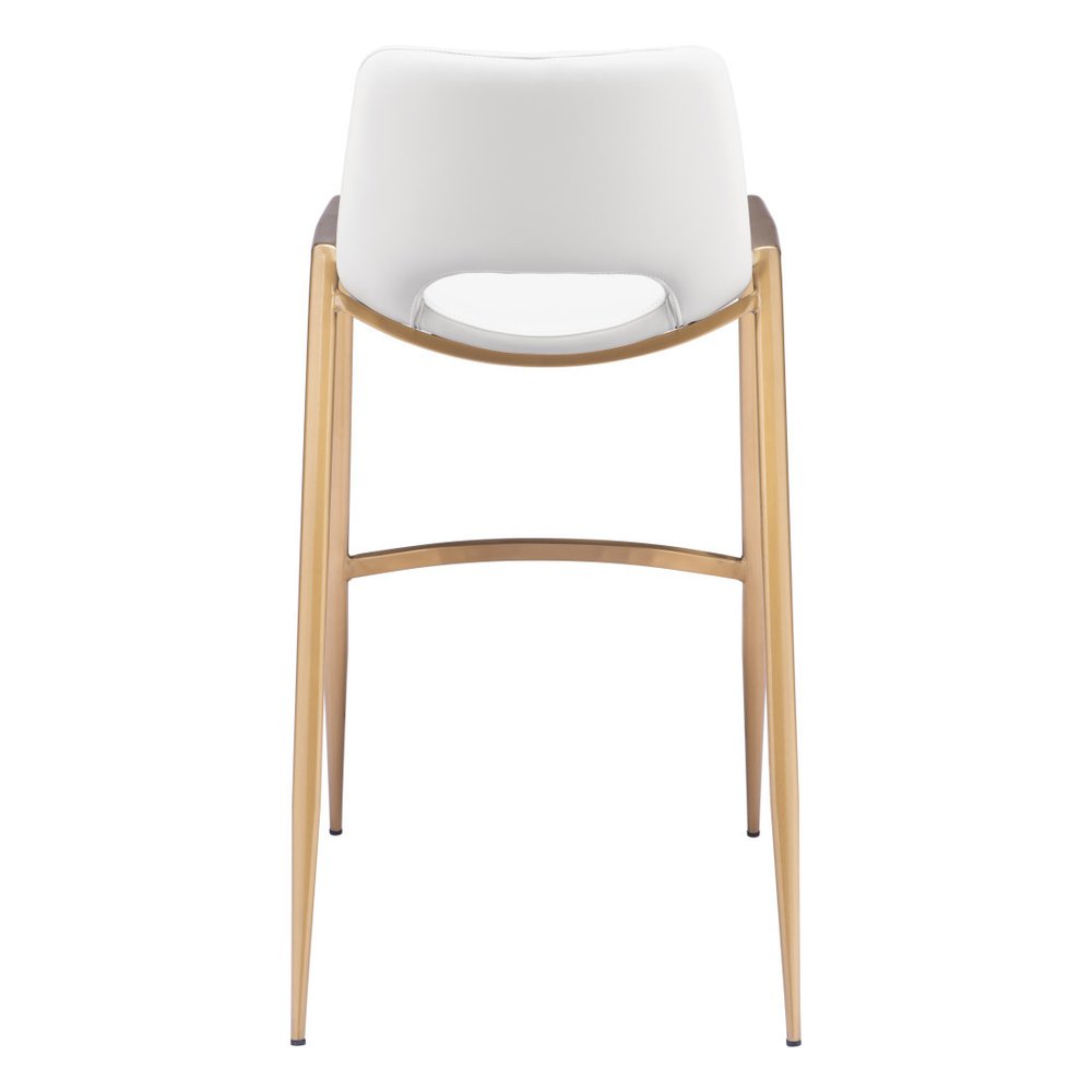 Set of Two 30" White And Gold Faux Leather And Fabric And Steel Bar Height Bar Chairs