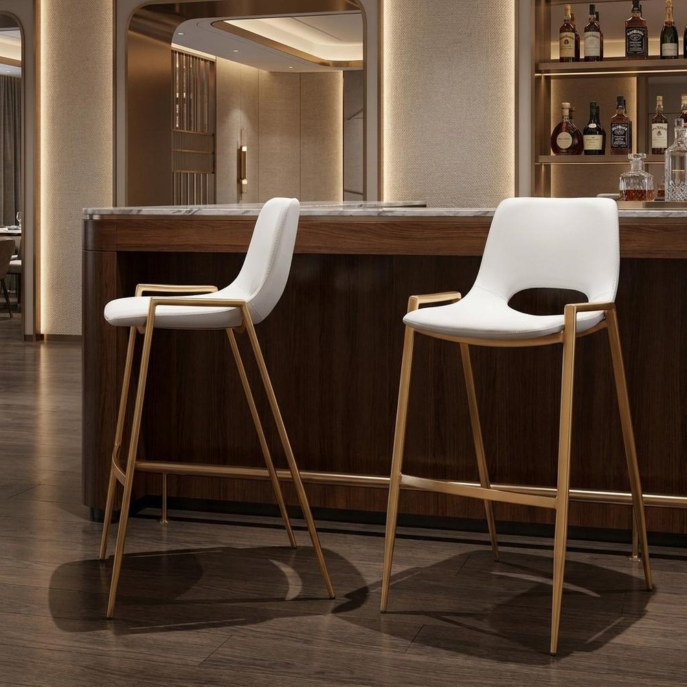 Set of Two 30" White And Gold Faux Leather And Fabric And Steel Bar Height Bar Chairs