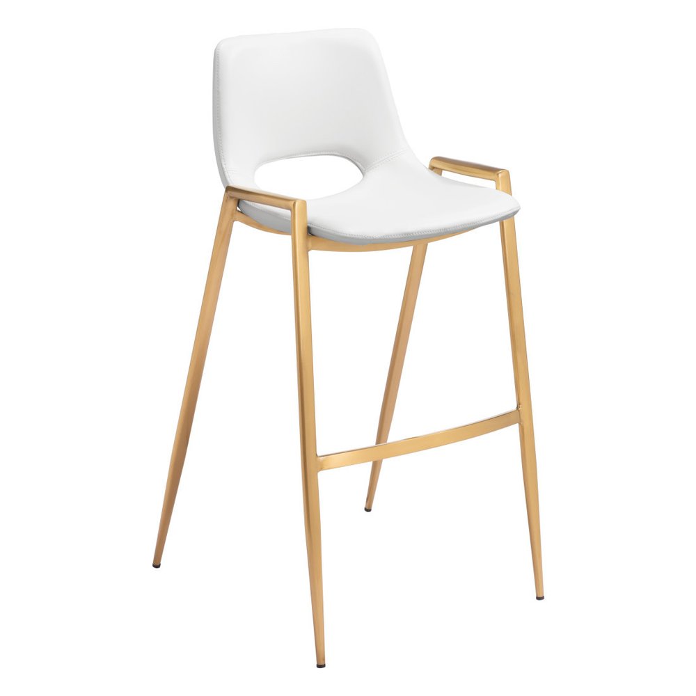 Set of Two 30" White And Gold Faux Leather And Fabric And Steel Bar Height Bar Chairs