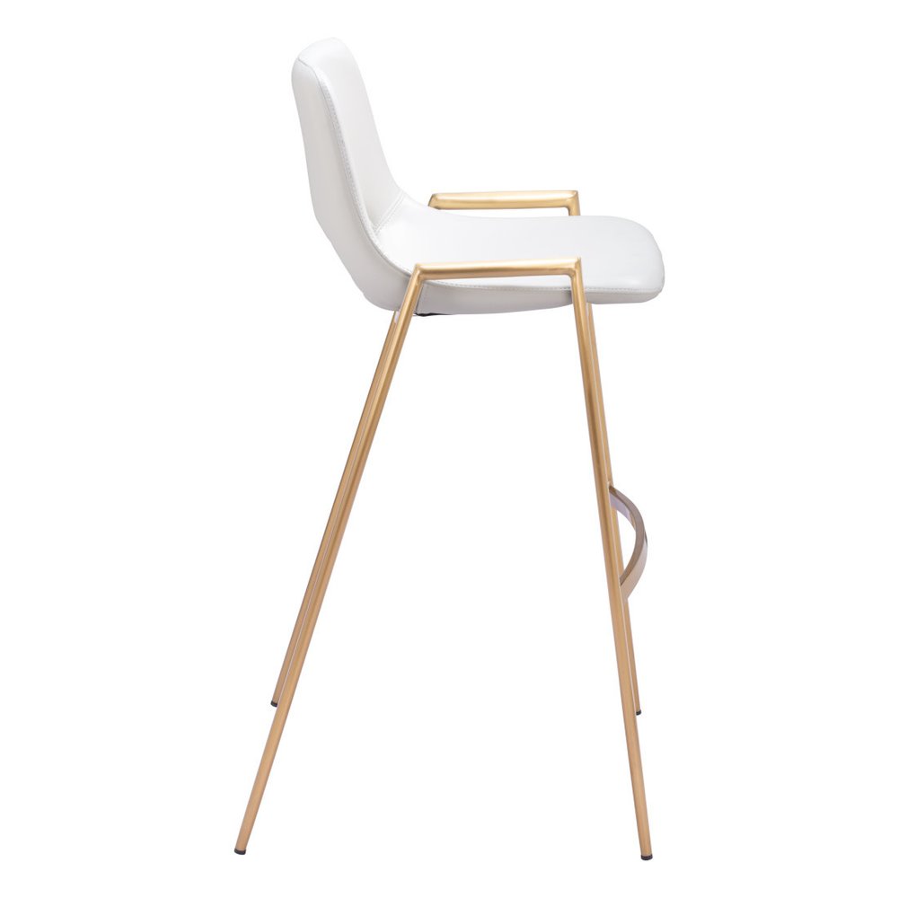 Set of Two 30" White And Gold Faux Leather And Fabric And Steel Bar Height Bar Chairs