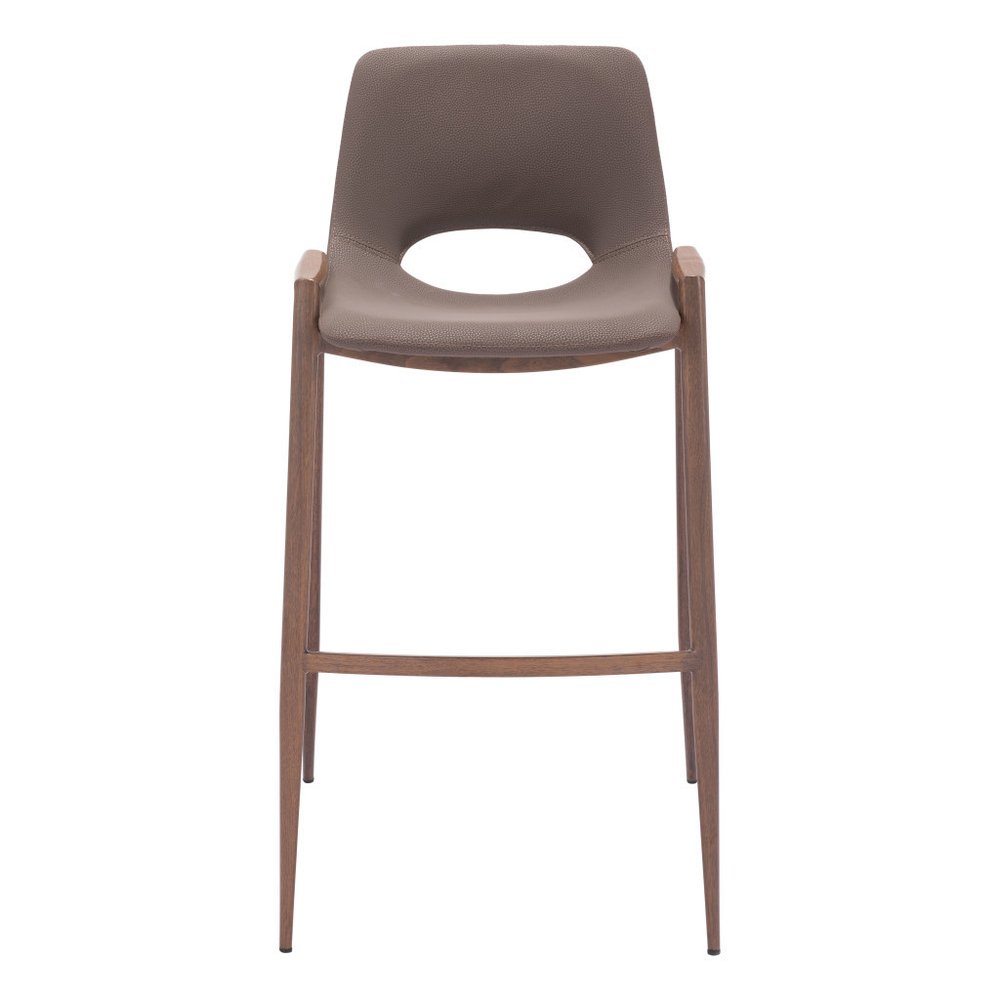 Set of Two 30" Brown Faux Leather And Fabric And Steel Low Back Bar Height Bar Chairs