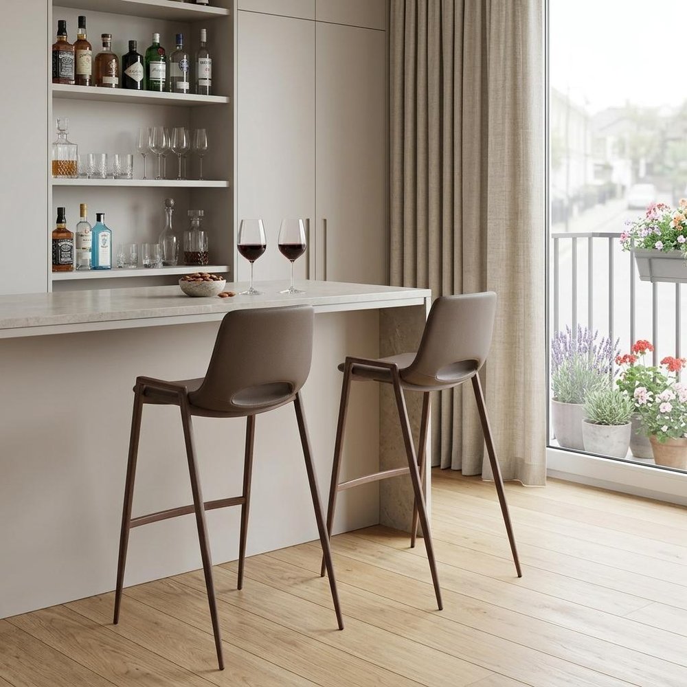 Set of Two 30" Brown Faux Leather And Fabric And Steel Low Back Bar Height Bar Chairs