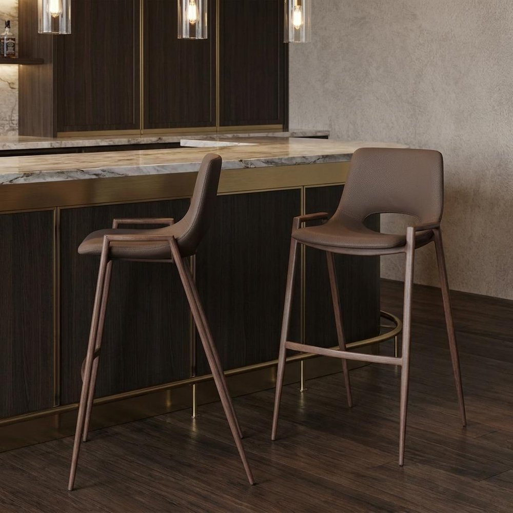 Set of Two 30" Brown Faux Leather And Fabric And Steel Low Back Bar Height Bar Chairs
