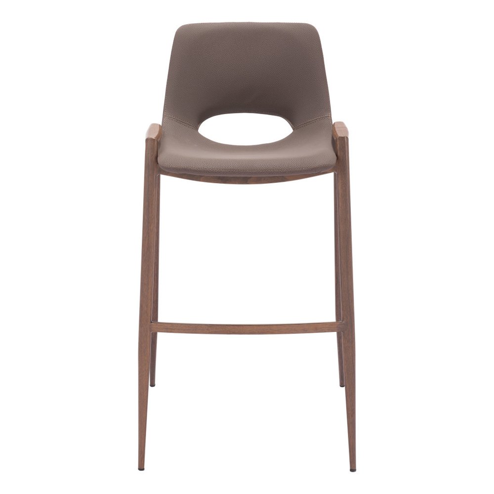 Set of Two 30" Brown Faux Leather And Fabric And Steel Low Back Bar Height Bar Chairs