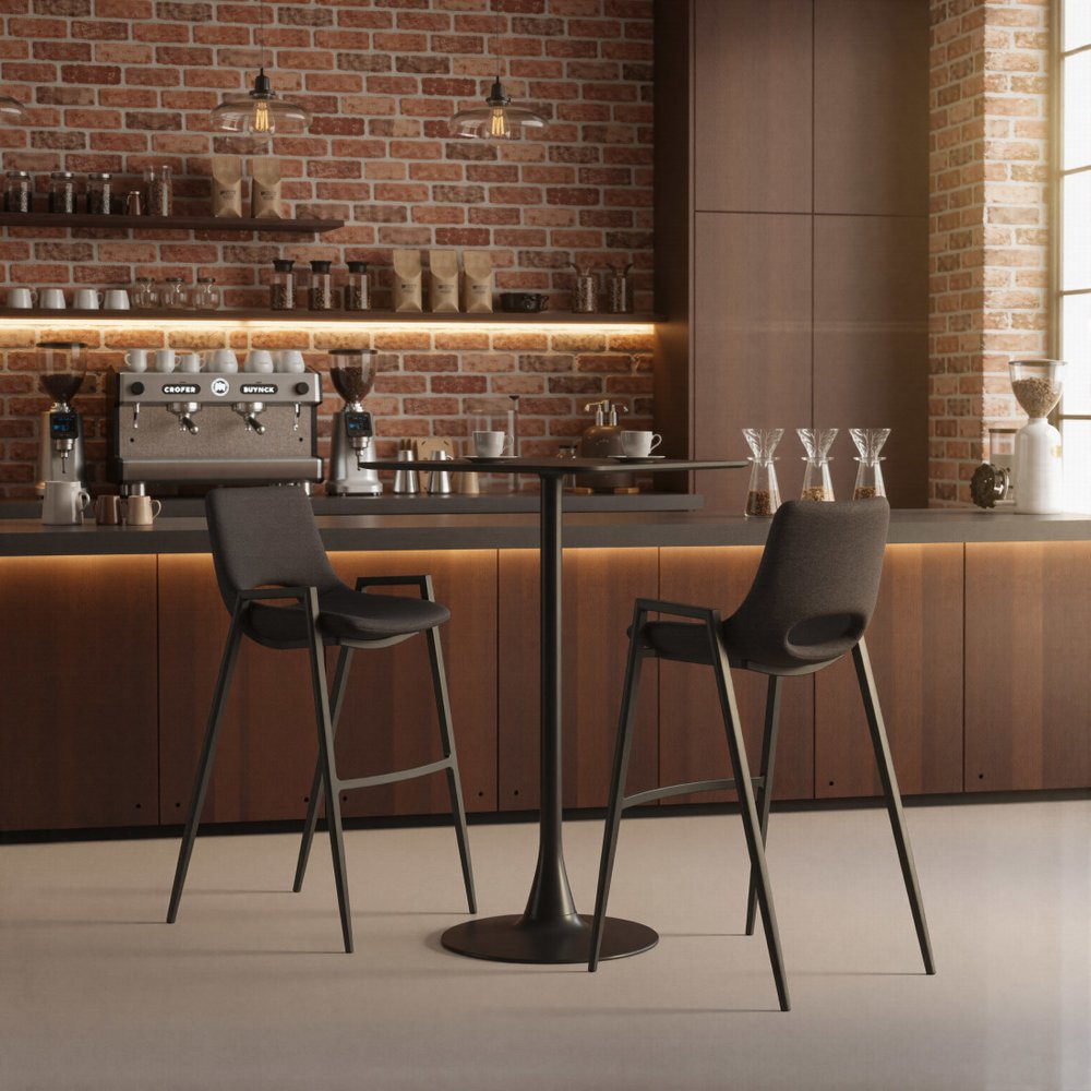 Set of Two 30" Black Faux Leather And Steel Low Back Bar Height Bar Chairs