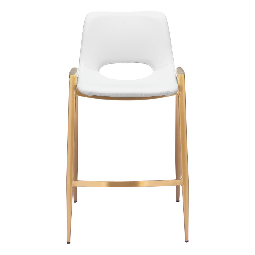 Set of Two 26" White And Gold Faux Leather And Steel Low Back Counter Height Bar Chairs