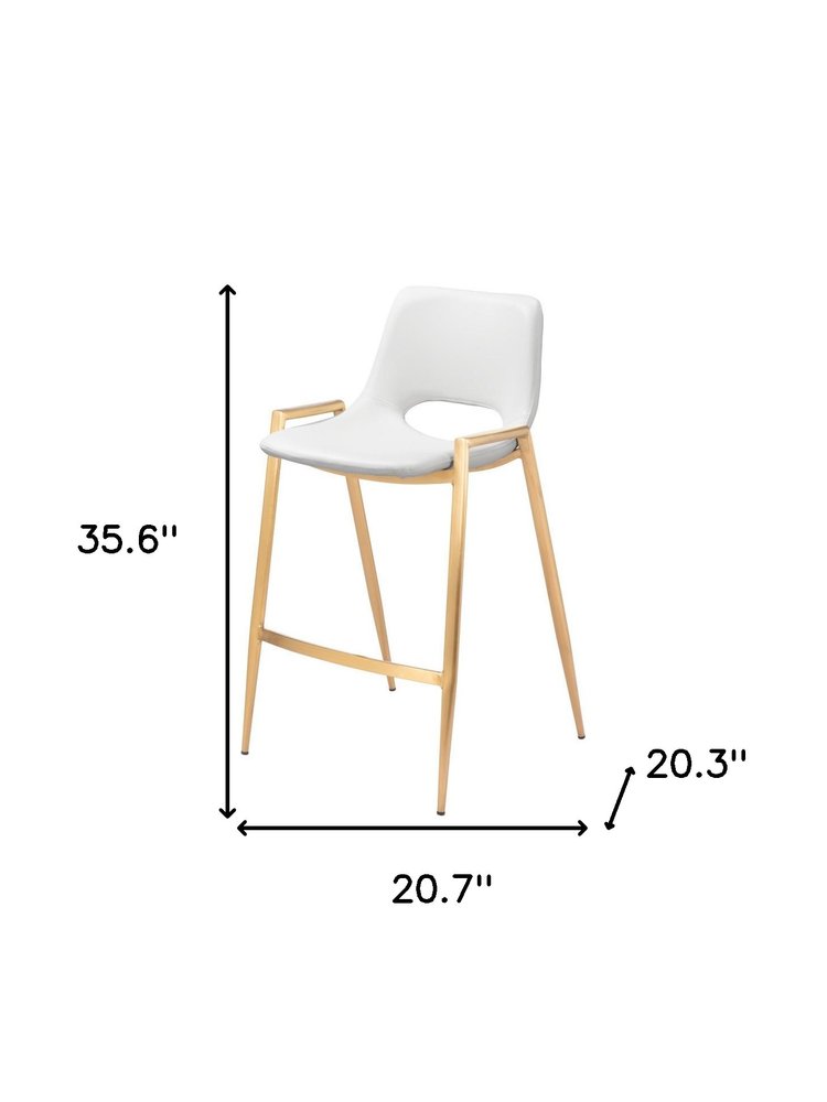 Set of Two 26" White And Gold Faux Leather And Steel Low Back Counter Height Bar Chairs