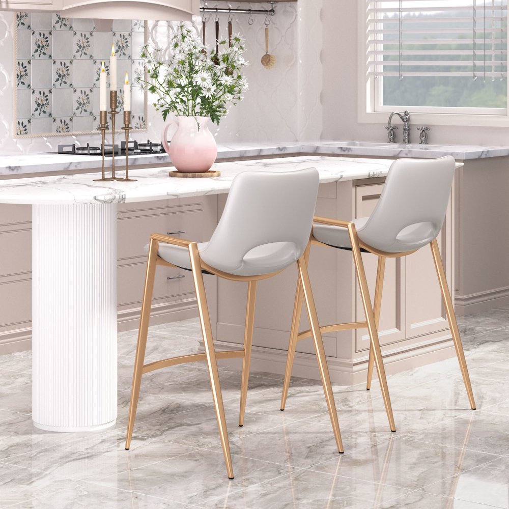 Set of Two 26" White And Gold Faux Leather And Steel Low Back Counter Height Bar Chairs