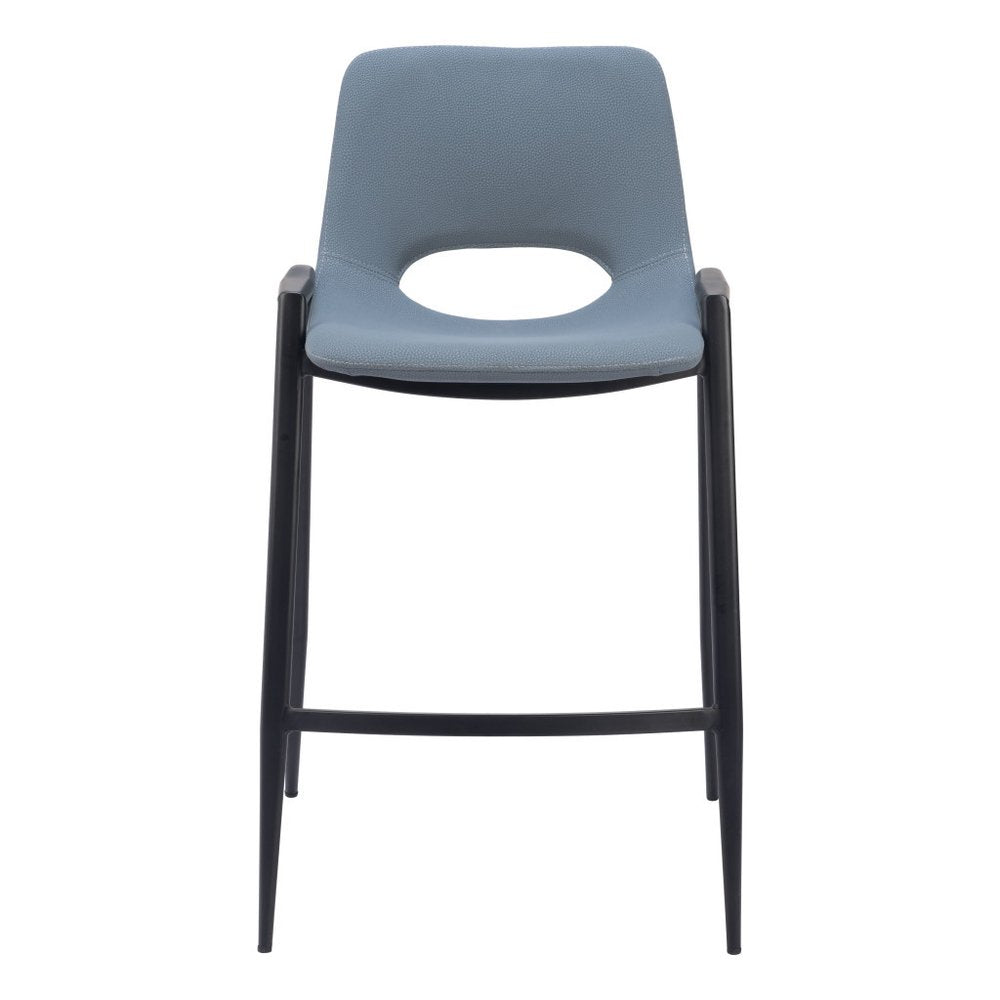 Set of Two 26" Blue And Black Faux Leather And Steel Low Back Counter Height Bar Chairs