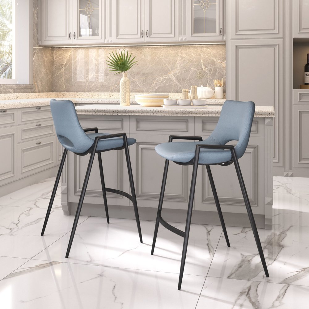 Set of Two 26" Blue And Black Faux Leather And Steel Low Back Counter Height Bar Chairs