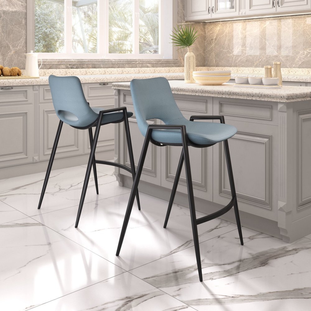 Set of Two 26" Blue And Black Faux Leather And Steel Low Back Counter Height Bar Chairs