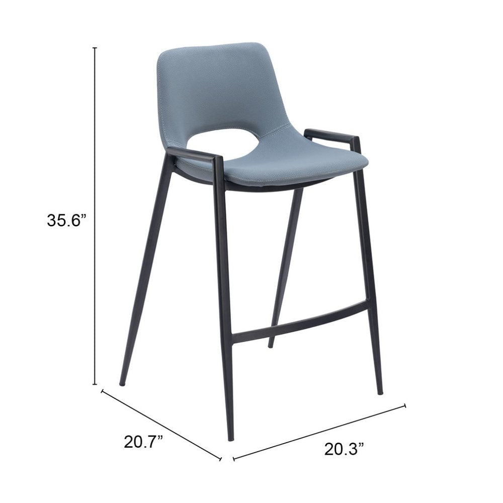 Set of Two 26" Blue And Black Faux Leather And Steel Low Back Counter Height Bar Chairs