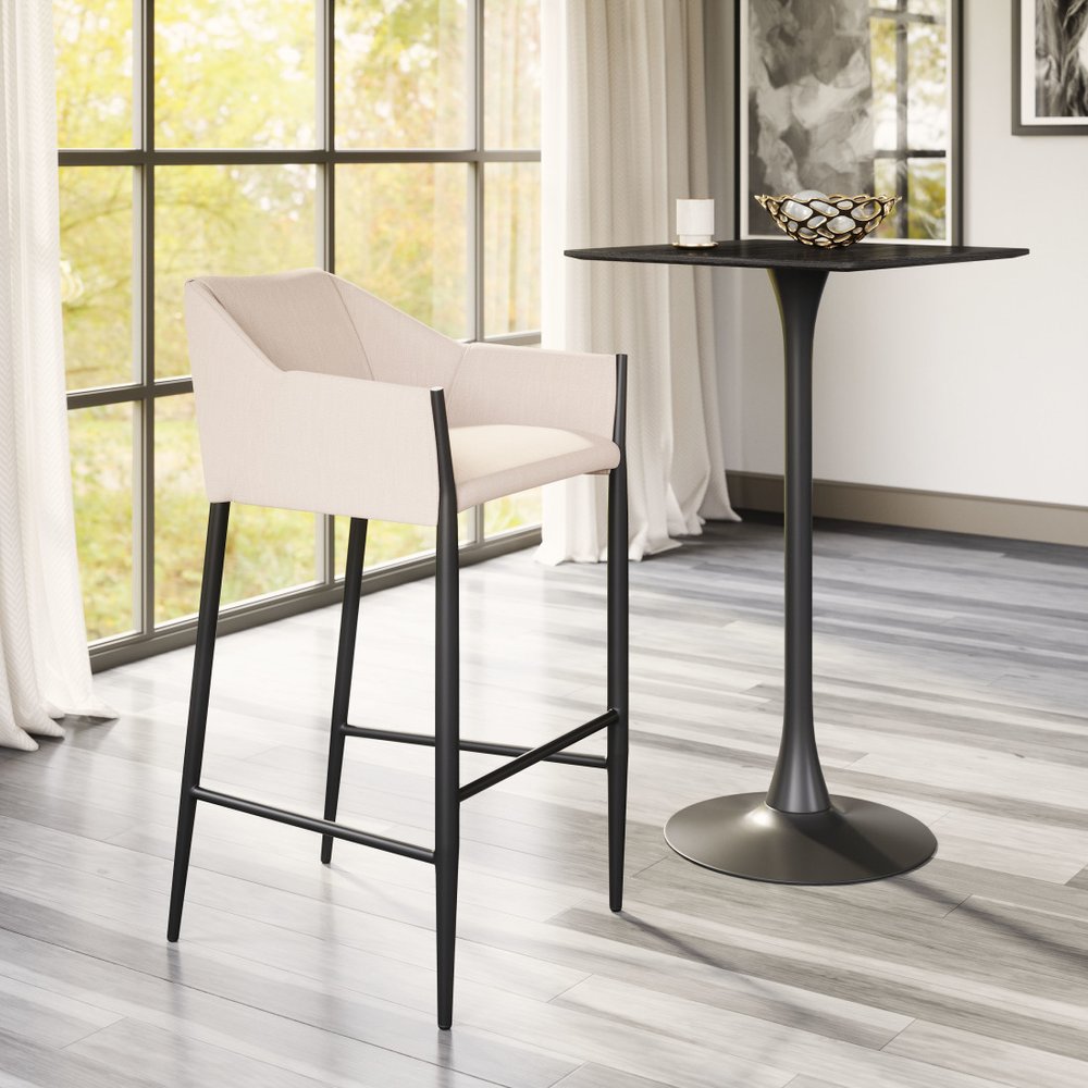 30" Beige And Black Fabric And Steel Bar Height Bar Chair