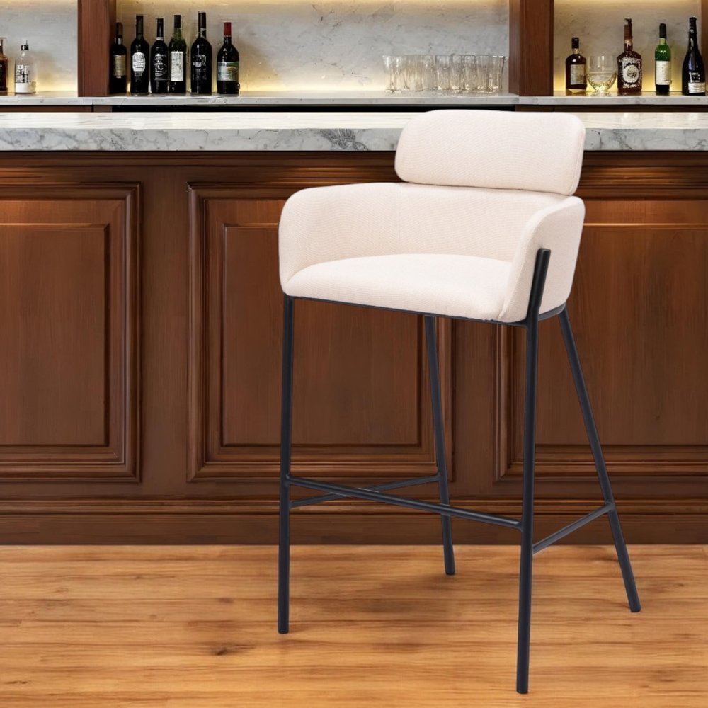 30" Beige And Black Fabric And Steel Bar Height Bar Chair