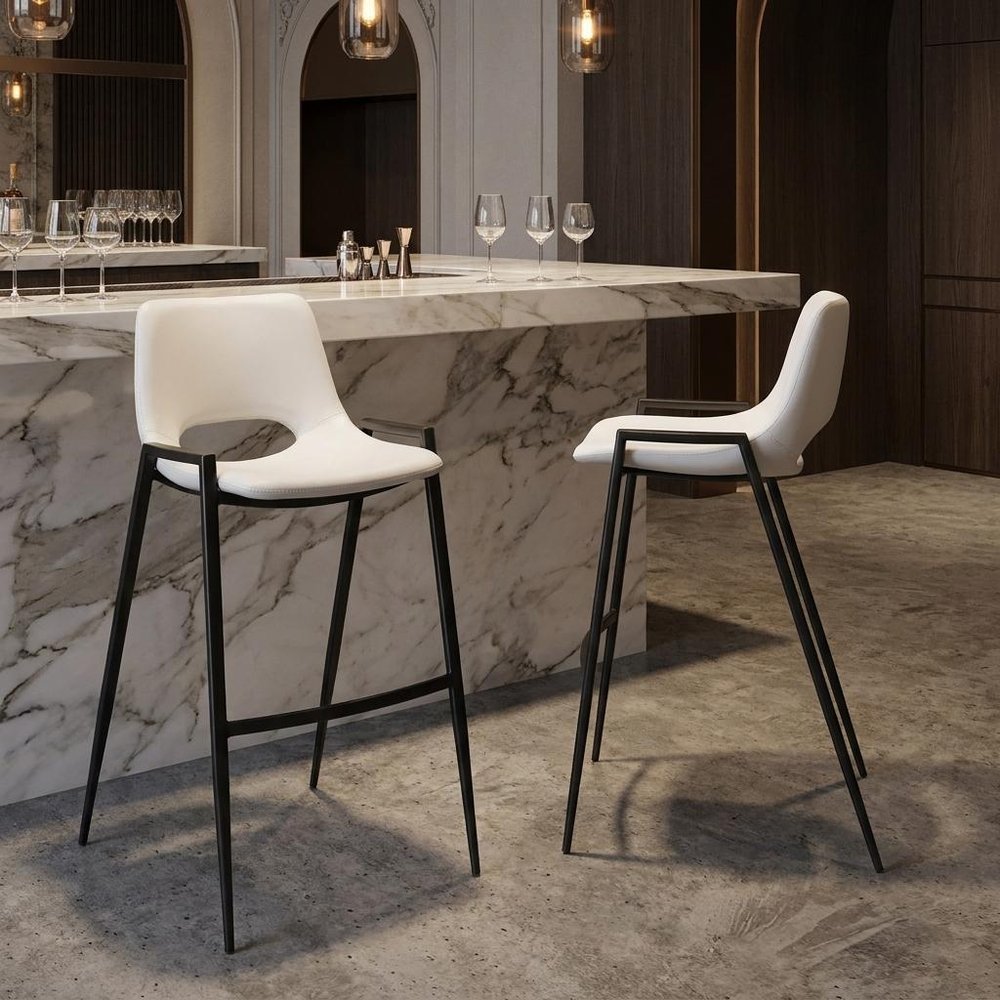 Set of Two 30" White And Black Faux Leather And Fabric And Steel Low Back Bar Height Bar Chairs