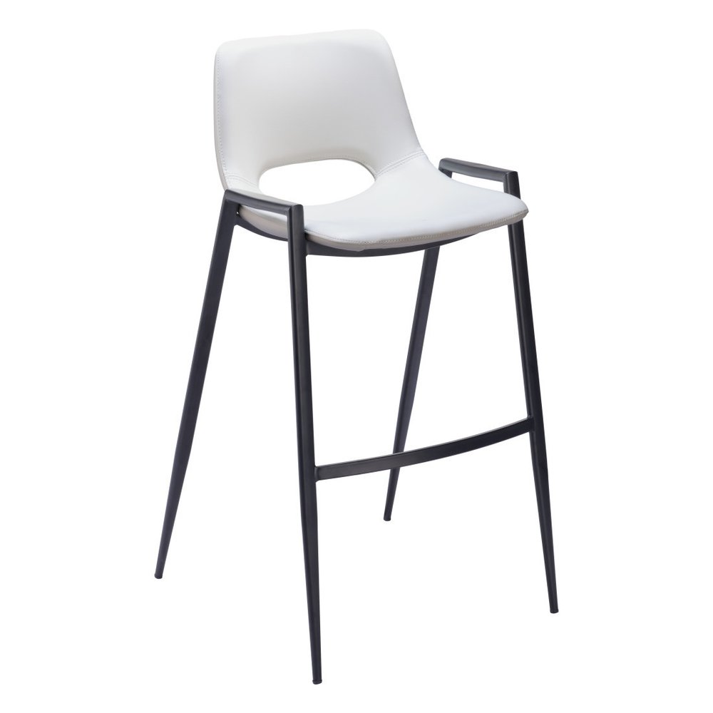 Set of Two 30" White And Black Faux Leather And Fabric And Steel Low Back Bar Height Bar Chairs