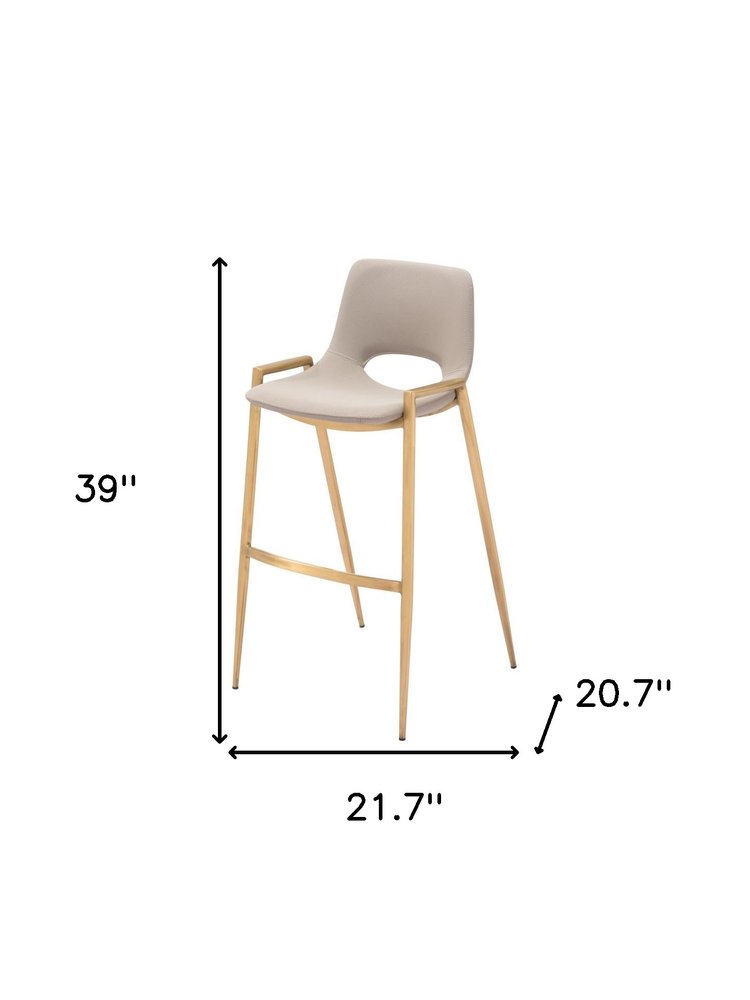 Set of Two 30" Beige And Gold Faux Leather And Steel Low Back Bar Height Bar Chairs