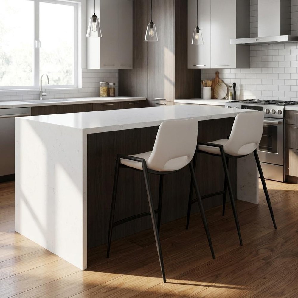 Set of Two 26" White And Black Faux Leather And Fabric And Steel Low Back Counter Height Bar Chairs