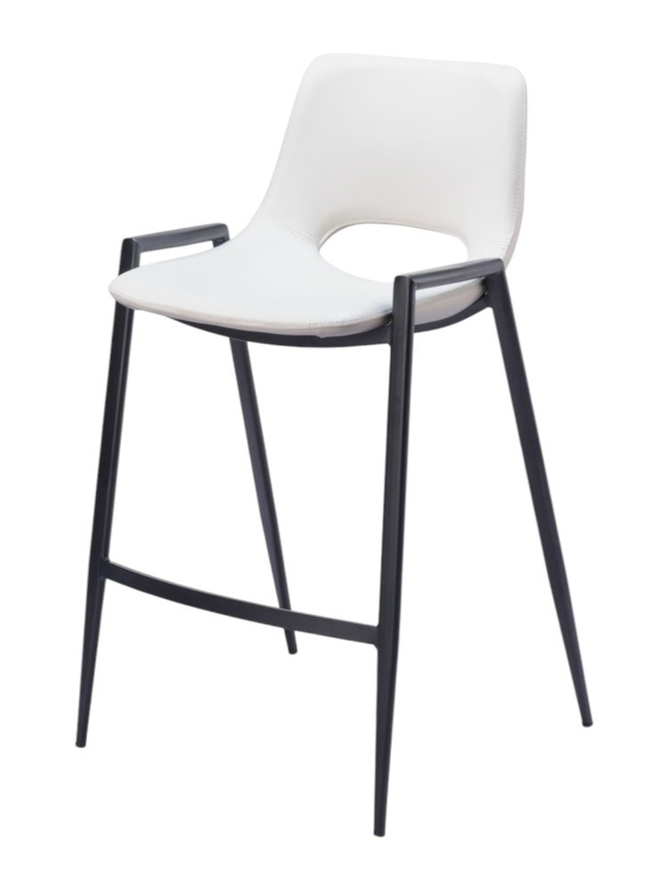 Set of Two 26" White And Black Faux Leather And Fabric And Steel Low Back Counter Height Bar Chairs