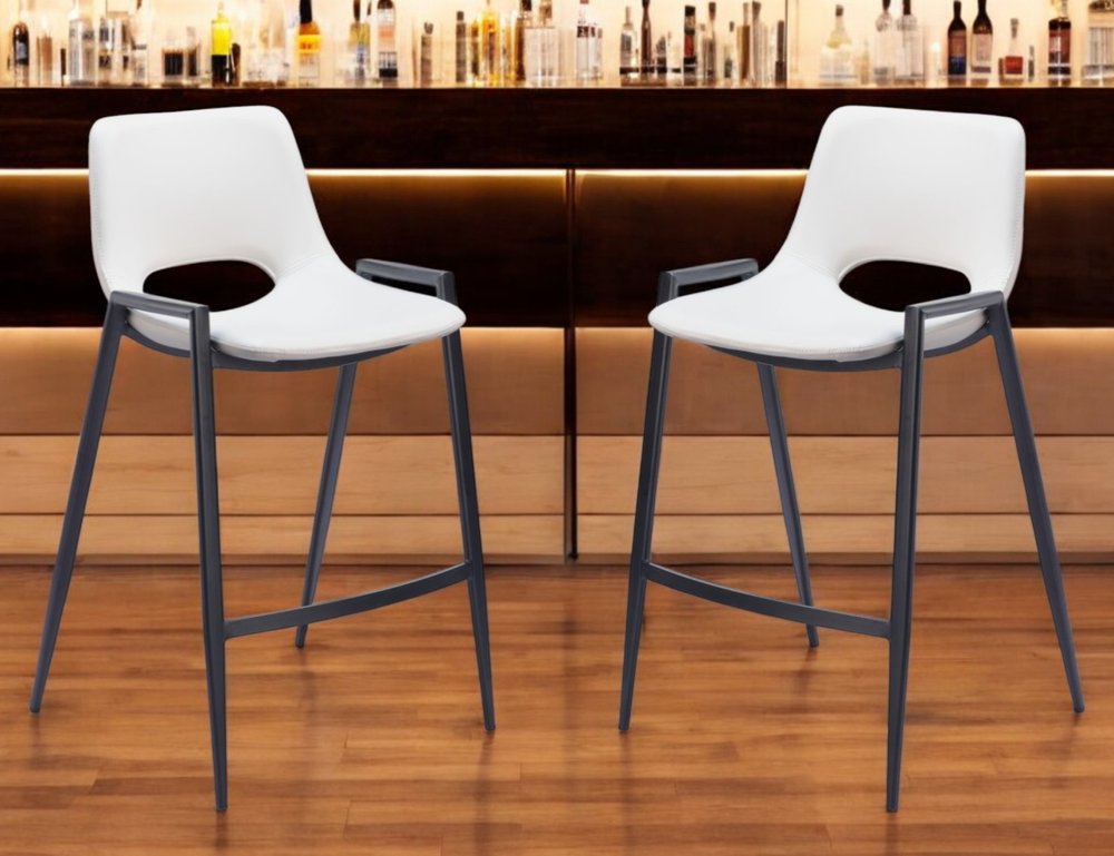 Set of Two 26" White and Black Faux Leather and Steel Low Back Counter Height Bar Chairs