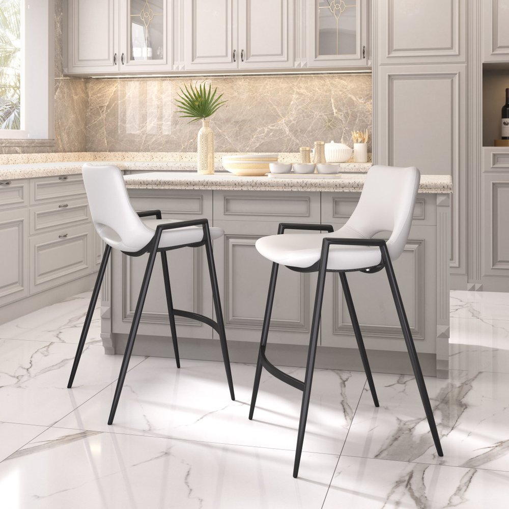 Set of Two 26" White and Black Faux Leather and Steel Low Back Counter Height Bar Chairs