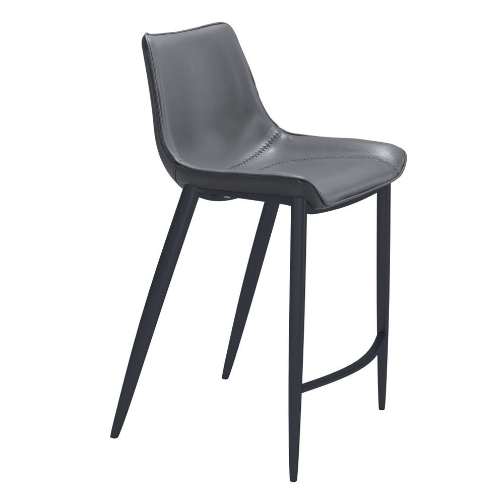 Set of Two 26" Dark Gray And Black Faux Leather And Steel Counter Height Bar Chairs