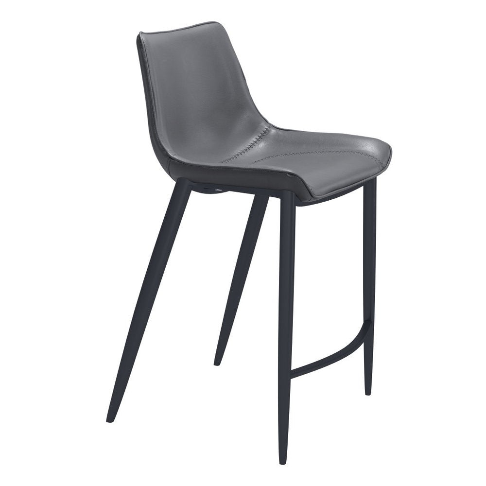 Set of Two 26" Dark Gray And Black Faux Leather And Steel Counter Height Bar Chairs