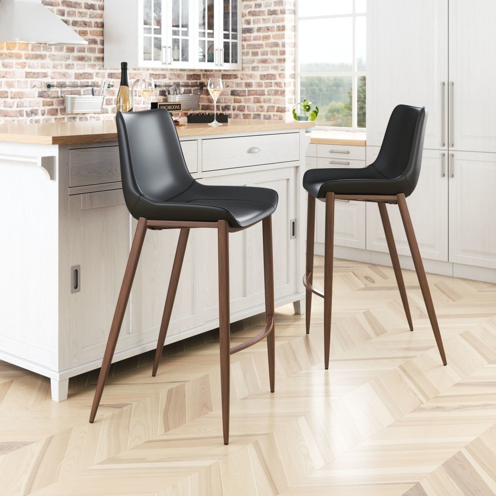Set of Two 30" Black And Brown Faux Leather And Steel Bar Height Bar Chairs