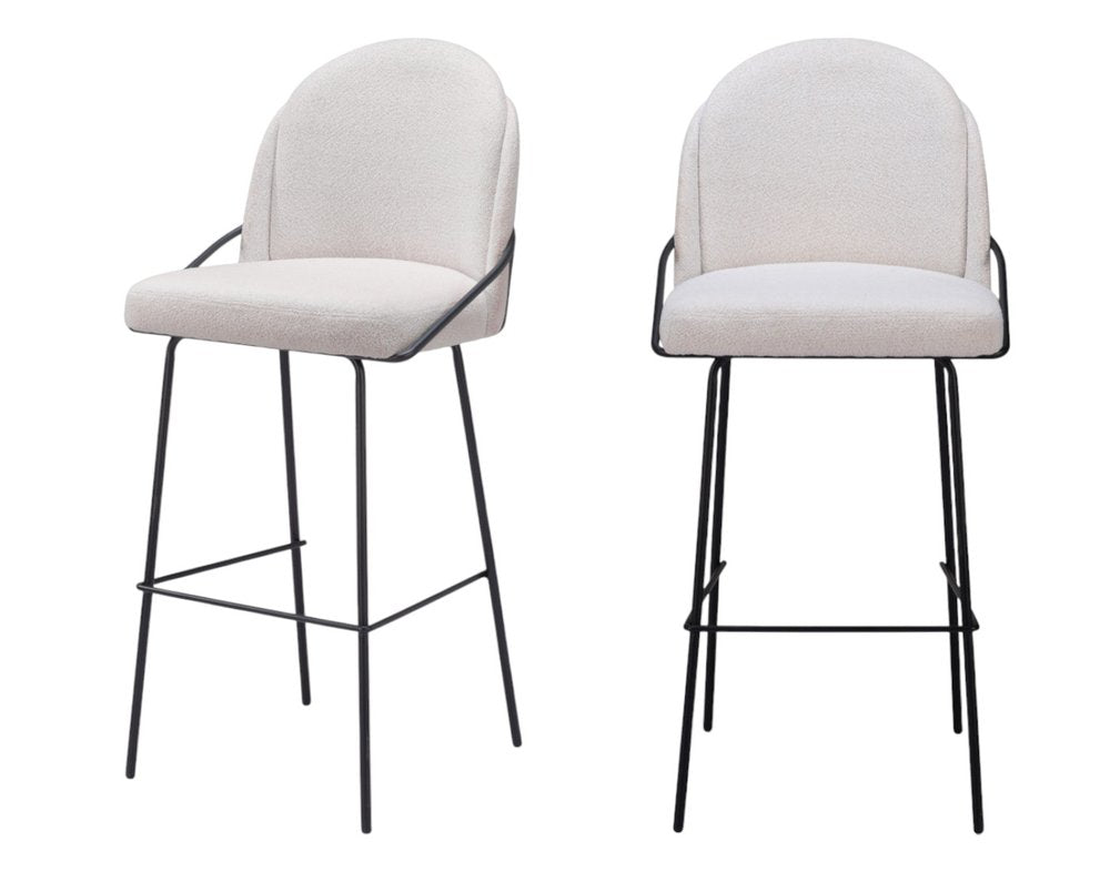 Set of Two 30" Ivory And Black Shearling And Steel Bar Height Bar Chairs