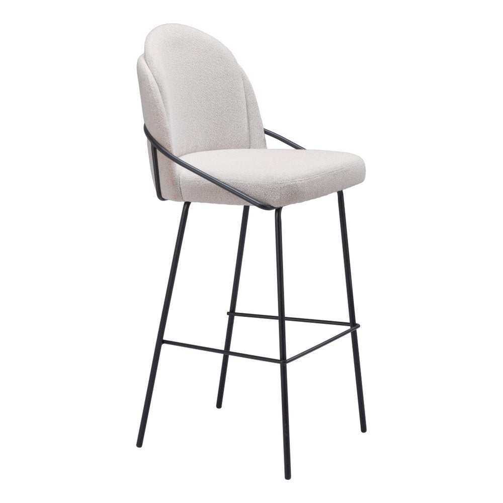 Set of Two 30" Ivory And Black Shearling And Steel Bar Height Bar Chairs