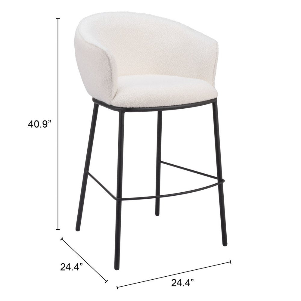 30" Ivory And Black Shearling And Steel Bar Height Bar Chair
