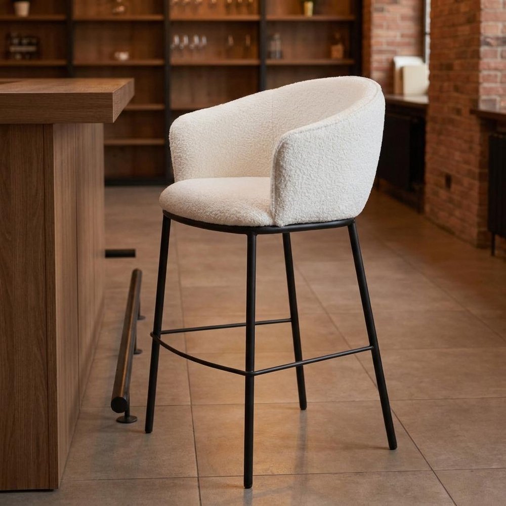 30" Ivory And Black Shearling And Fabric And Steel Bar Height Bar Chair