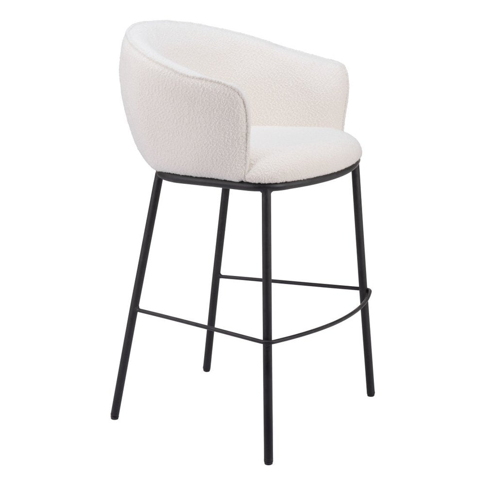 30" Ivory And Black Shearling And Fabric And Steel Bar Height Bar Chair