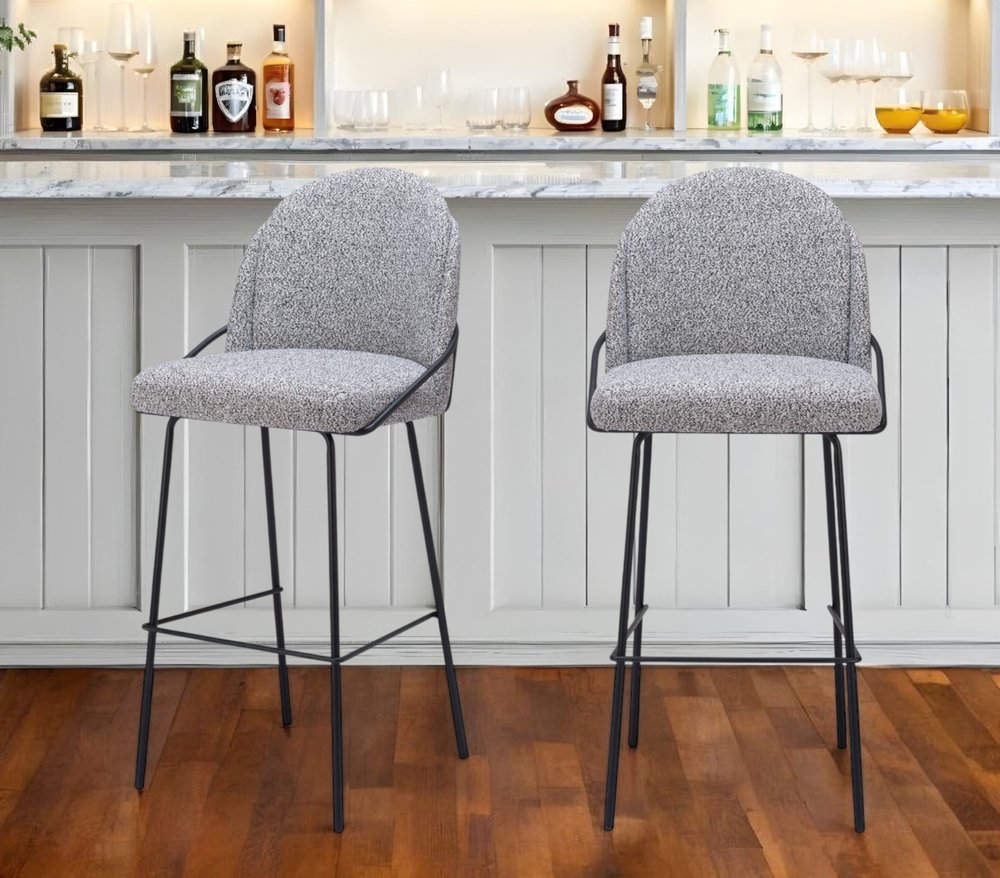 Set of Two 30" Light Gray And Black Shearling And Steel Bar Height Bar Chairs