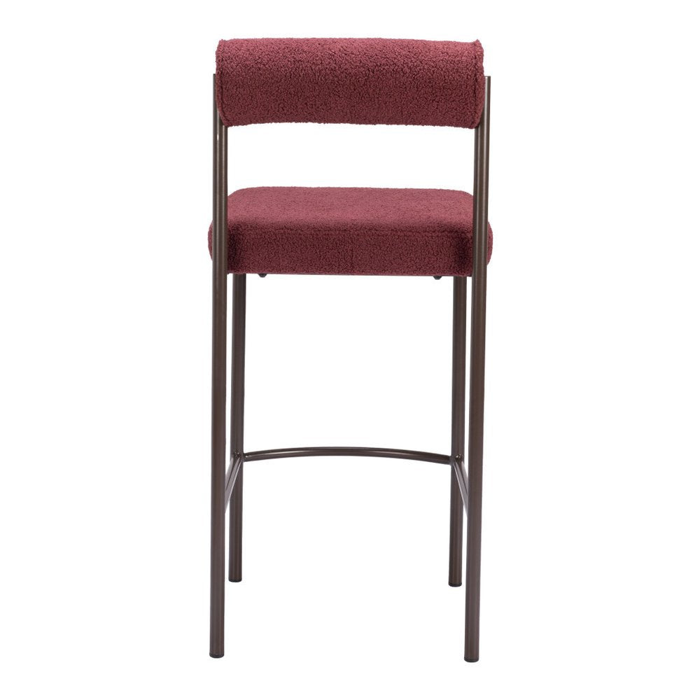 Set of Two 26" Red and Bronze Shearling and Steel Low Back Counter Height Bar Chairs