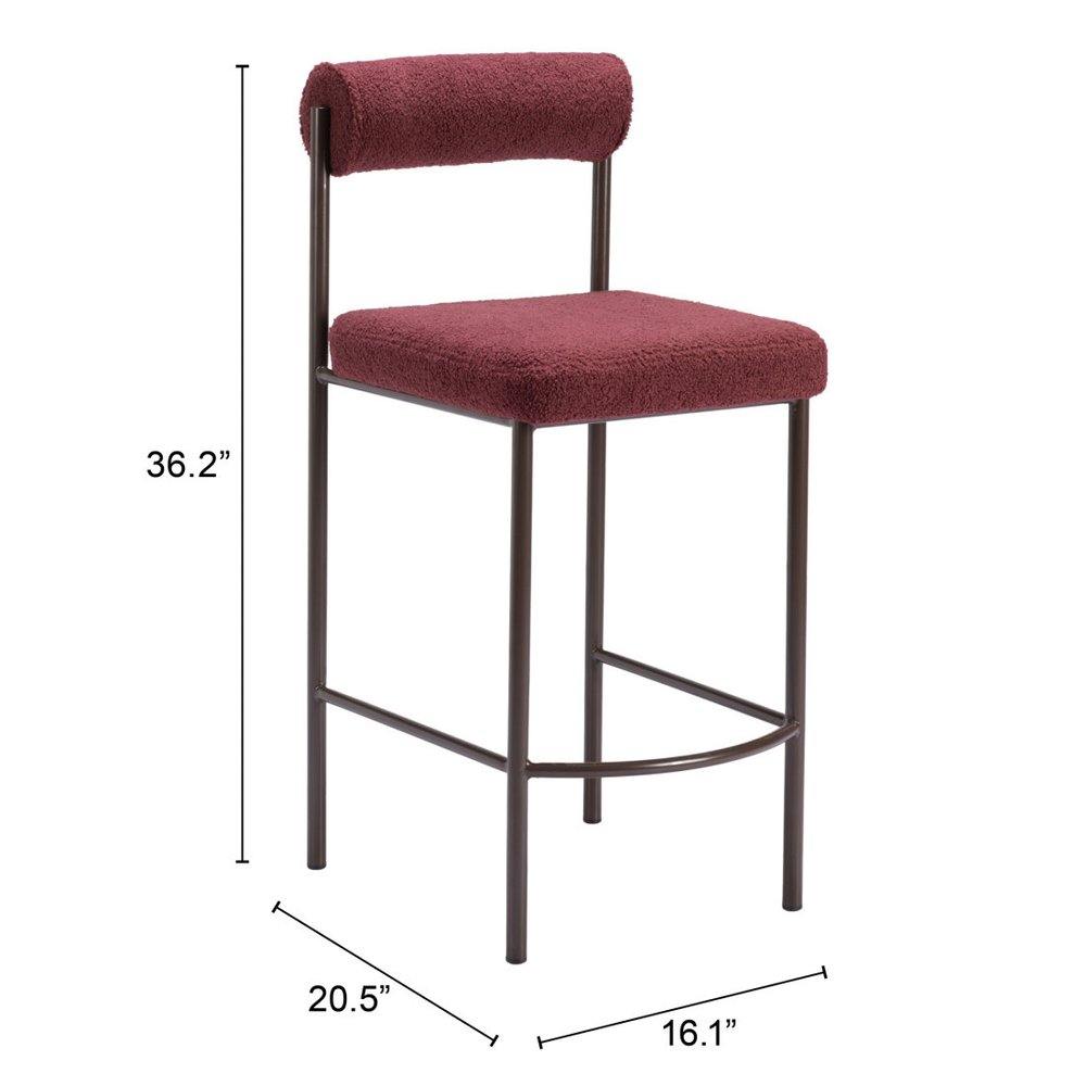 Set of Two 26" Red and Bronze Shearling and Steel Low Back Counter Height Bar Chairs