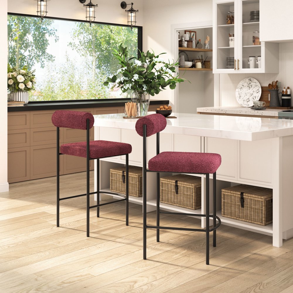 Set of Two 26" Red and Bronze Shearling and Steel Low Back Counter Height Bar Chairs