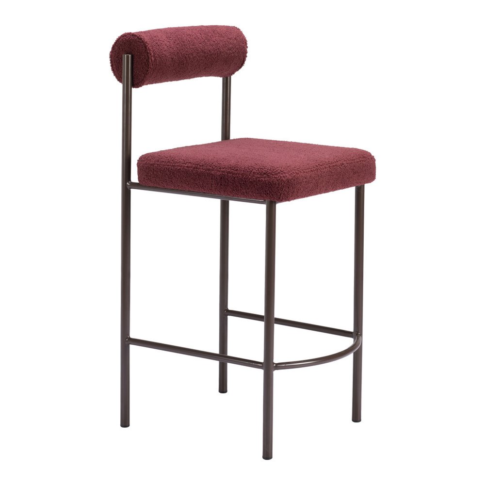 Set of Two 26" Red and Bronze Shearling and Steel Low Back Counter Height Bar Chairs