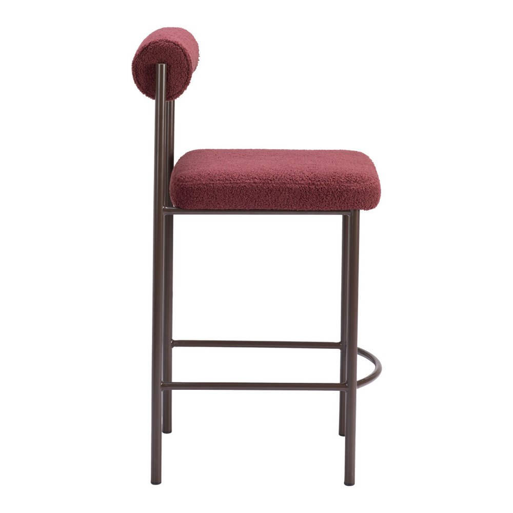 Set of Two 26" Red and Bronze Shearling and Steel Low Back Counter Height Bar Chairs