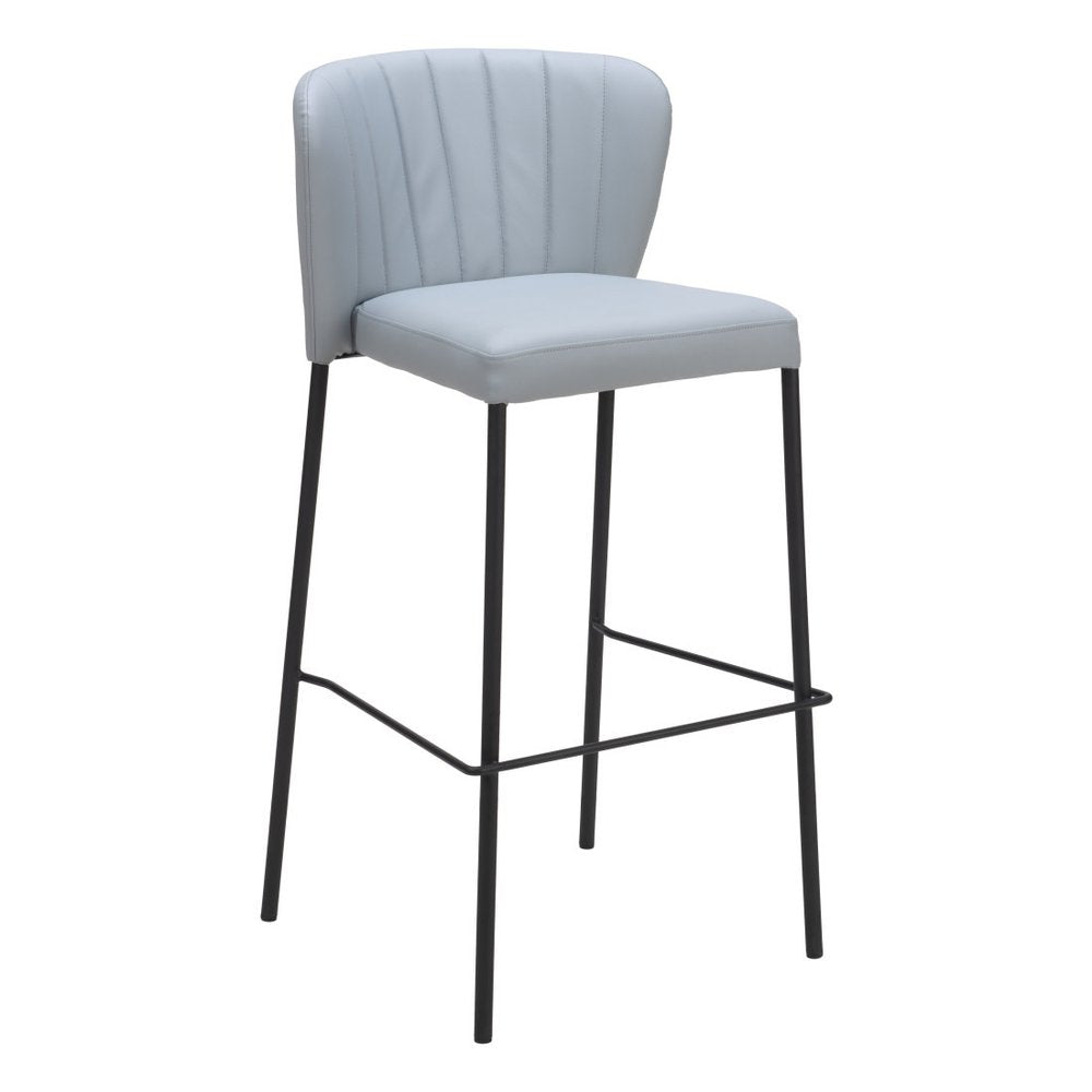 Set of Two 29" Gray And Black Faux Leather And Fabric And Steel Bar Height Bar Chairs