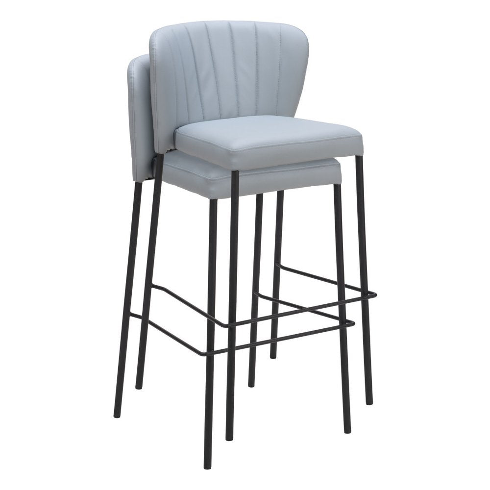 Set of Two 29" Gray And Black Faux Leather And Fabric And Steel Bar Height Bar Chairs